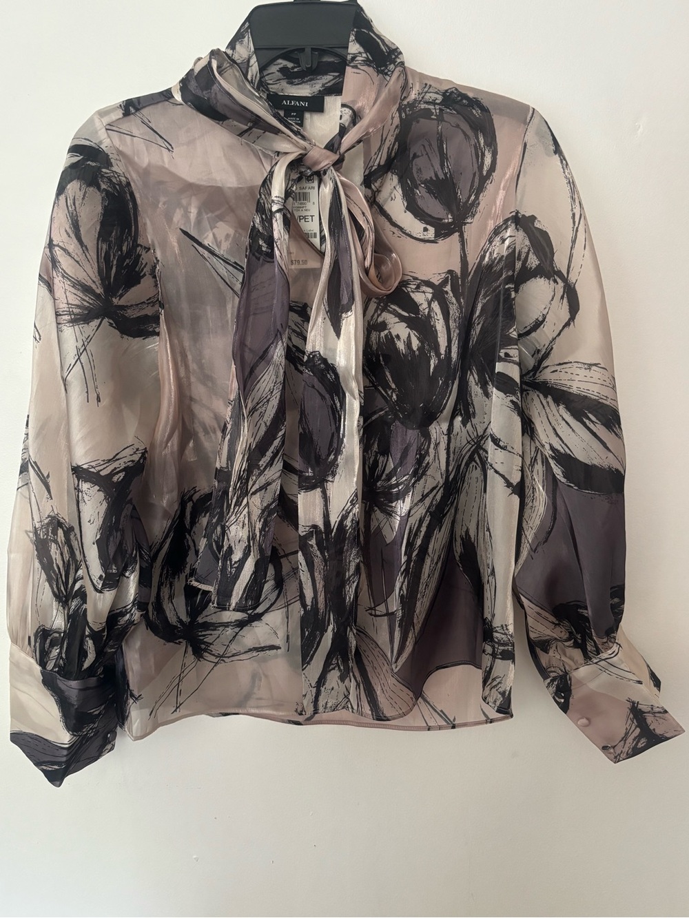 Alfani Petite Floral Etch Tie-Neck Blouse – Size PP – NWT